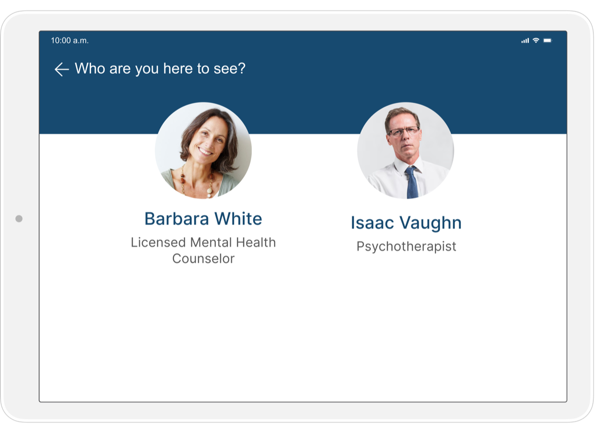 iPad asking Who are you here to see, above a photo directory of two providers