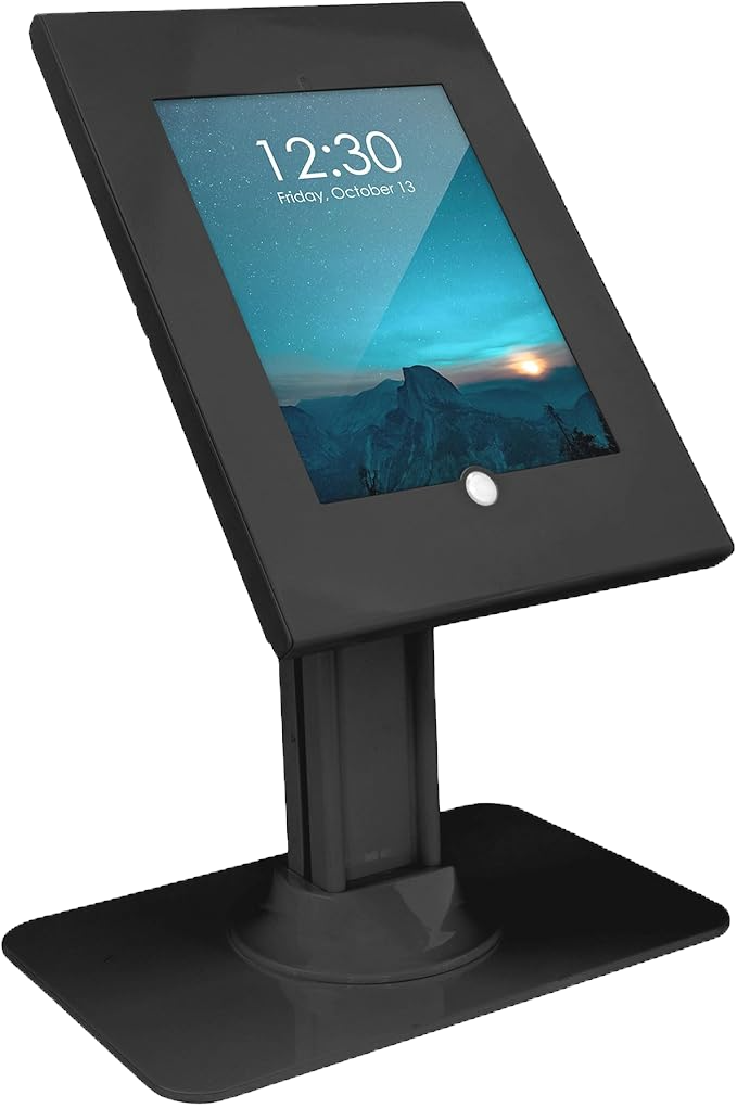 iPad mounted on an anti theft countertop stand