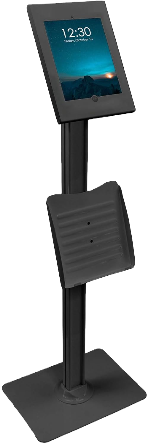 iPad mounted on an anti theft floor stand